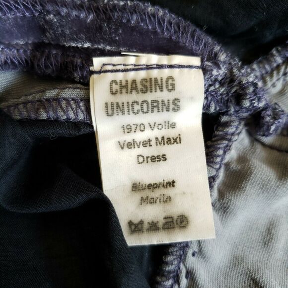 CHASING UNICORNS 1970 Voile Velvet Maxi midi dress in blueprint marilo Sz XS NEW - Picture 6 of 8